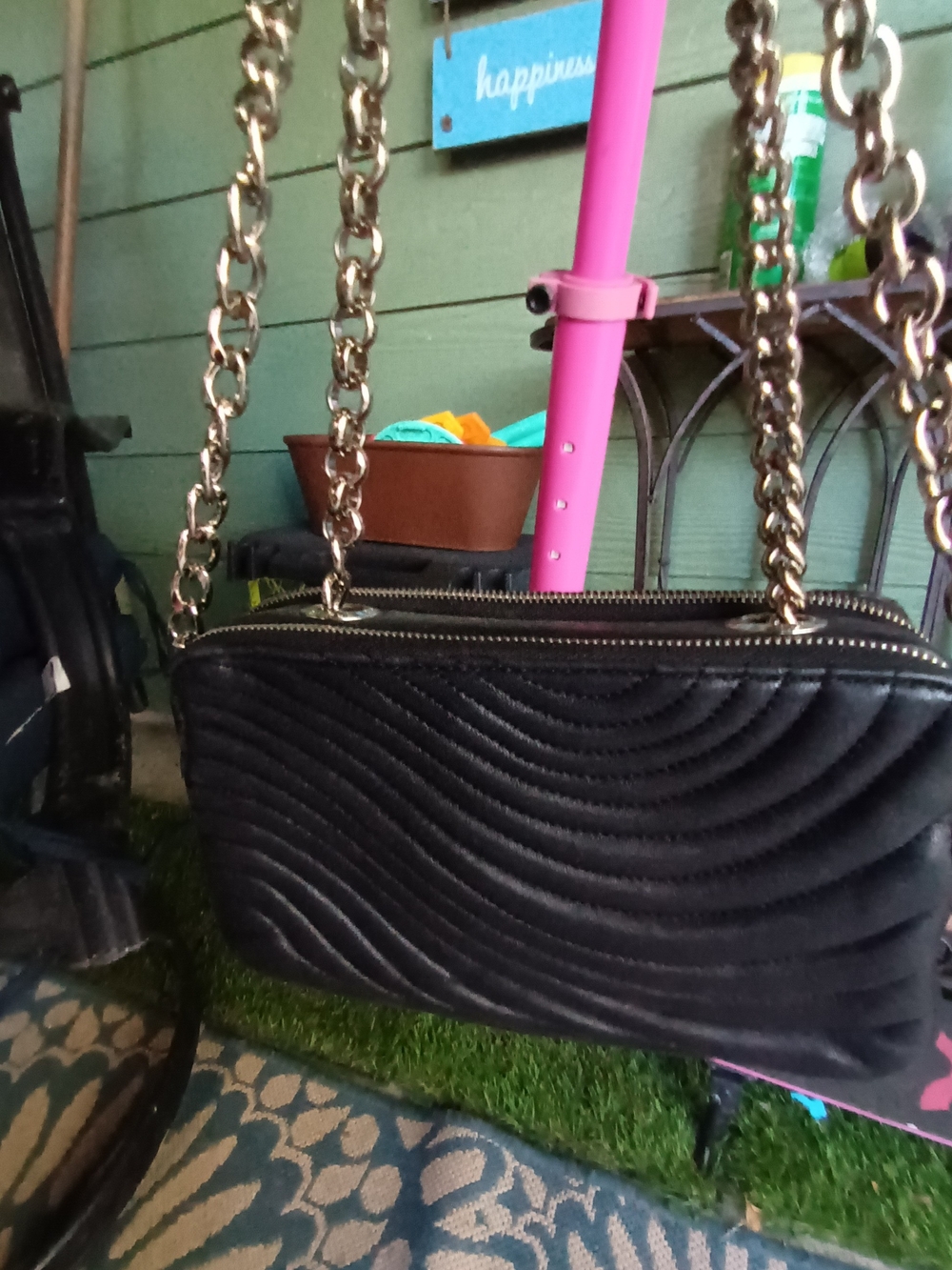 Henri Bendel Black Quilted Double-Zip Crossbody with Silver Chain
